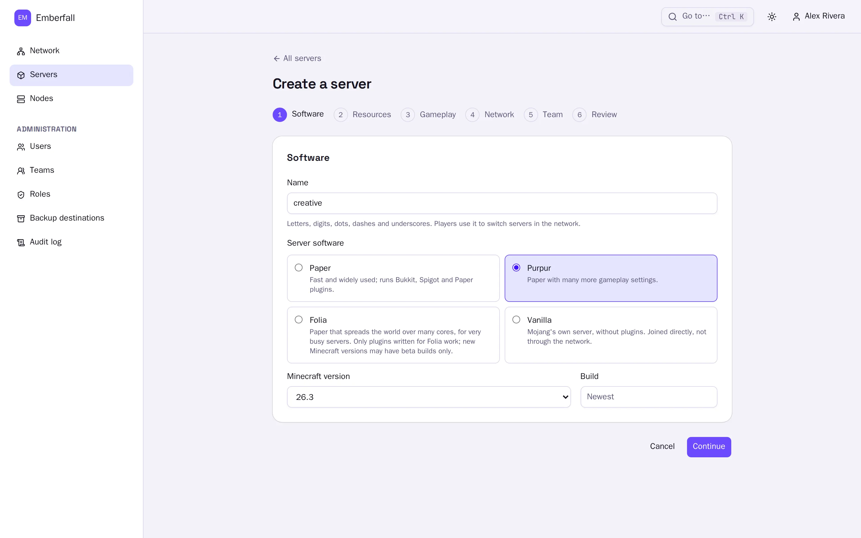The create-server wizard, choosing between Paper, Purpur, Folia and Vanilla, in the light theme.