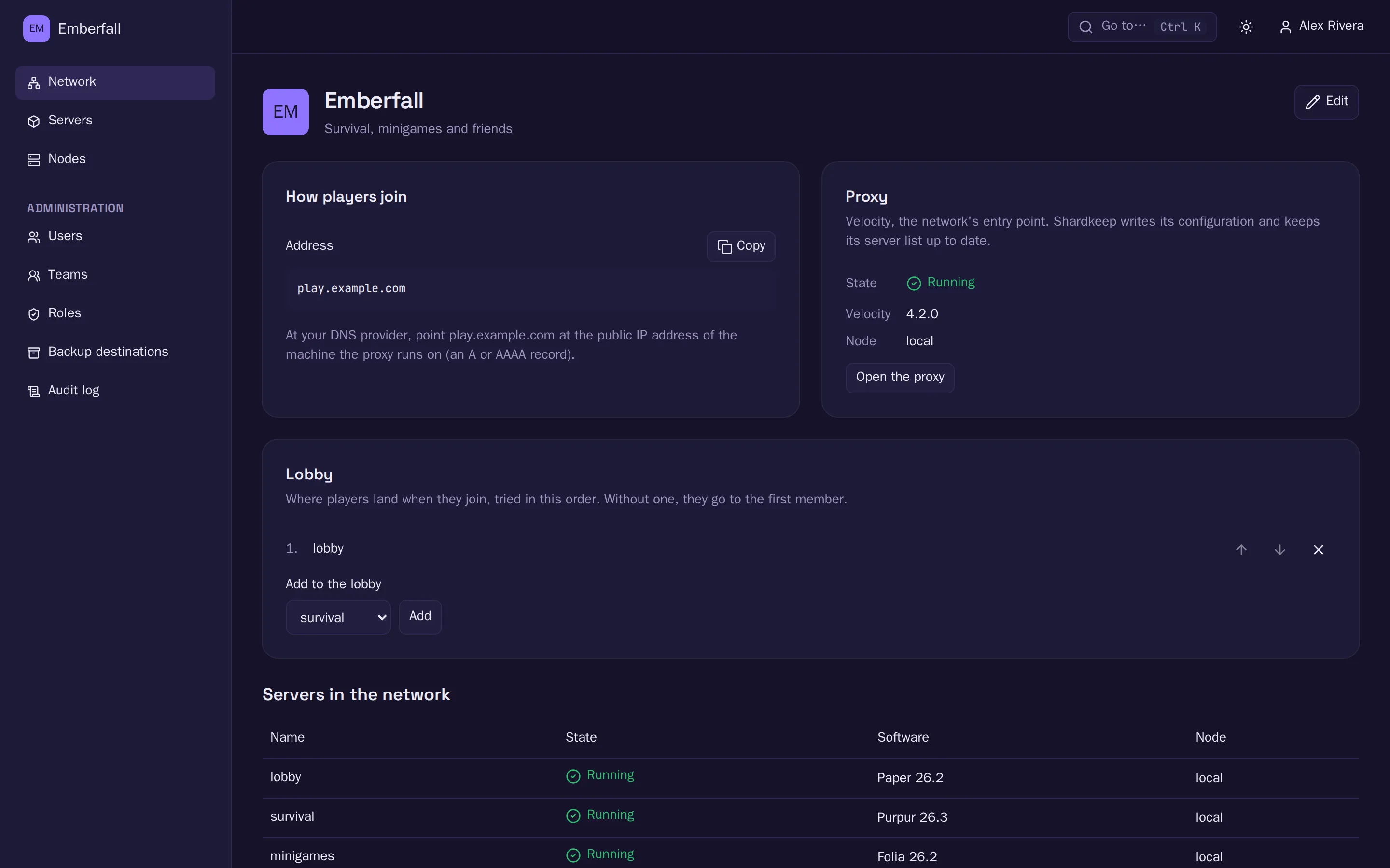 The Network page: the address players join, the running Velocity proxy, the lobby order and the servers in the network.