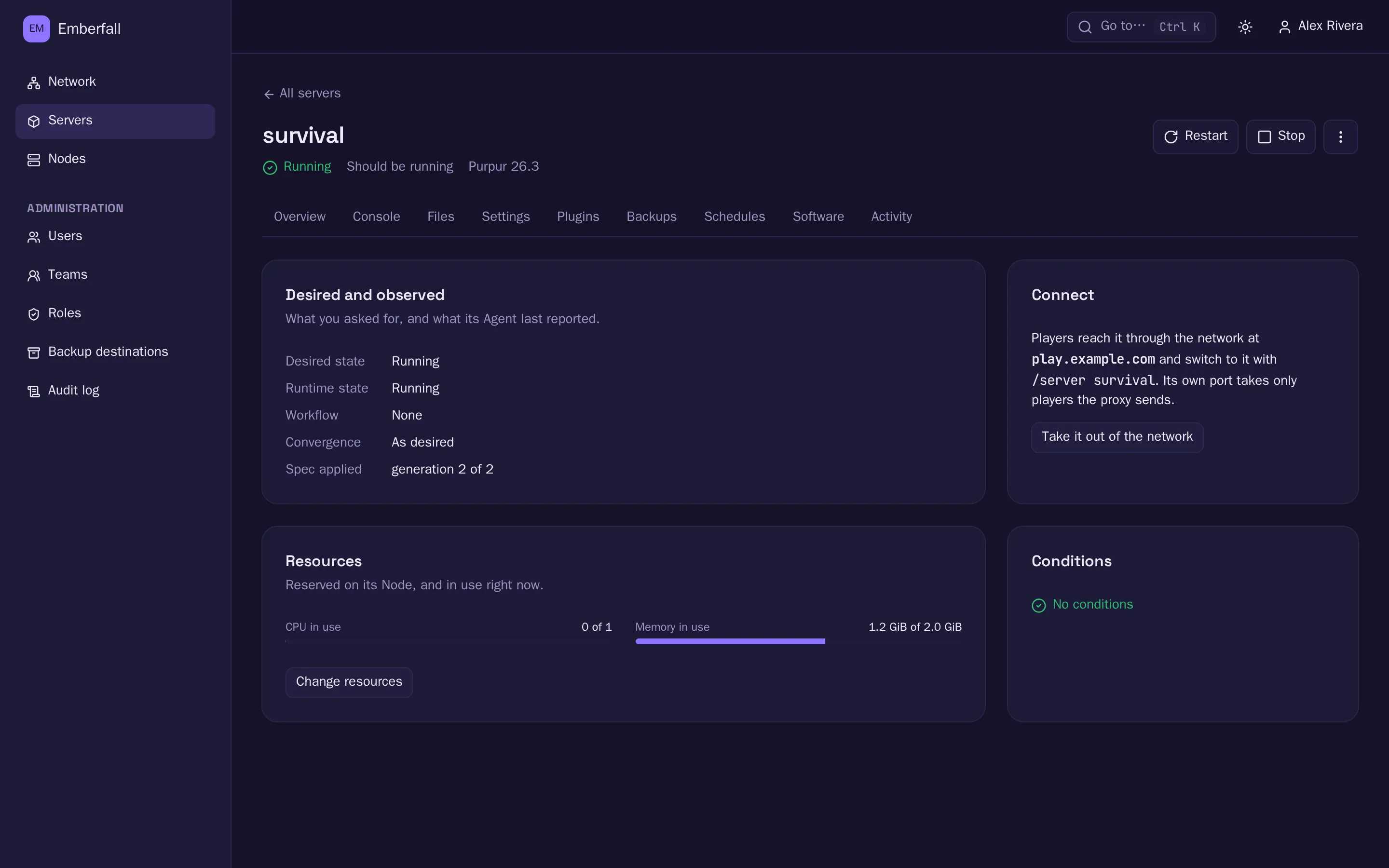 A server's overview: desired and observed state, how players connect through the network, resources and conditions.
